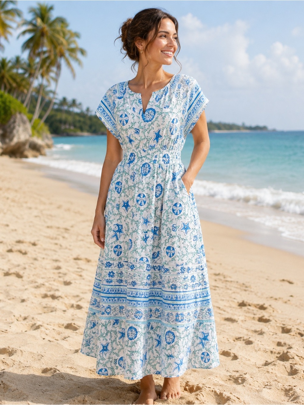 NWT Laura Ashley Linen Blend Seashell Coastal Midi Dress Blue White Smocked Sz S